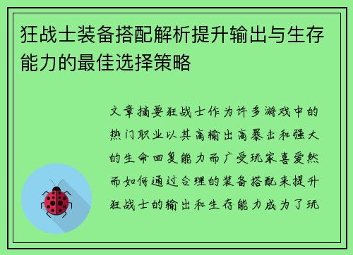 狂战士装备搭配解析提升输出与生存能力的最佳选择策略